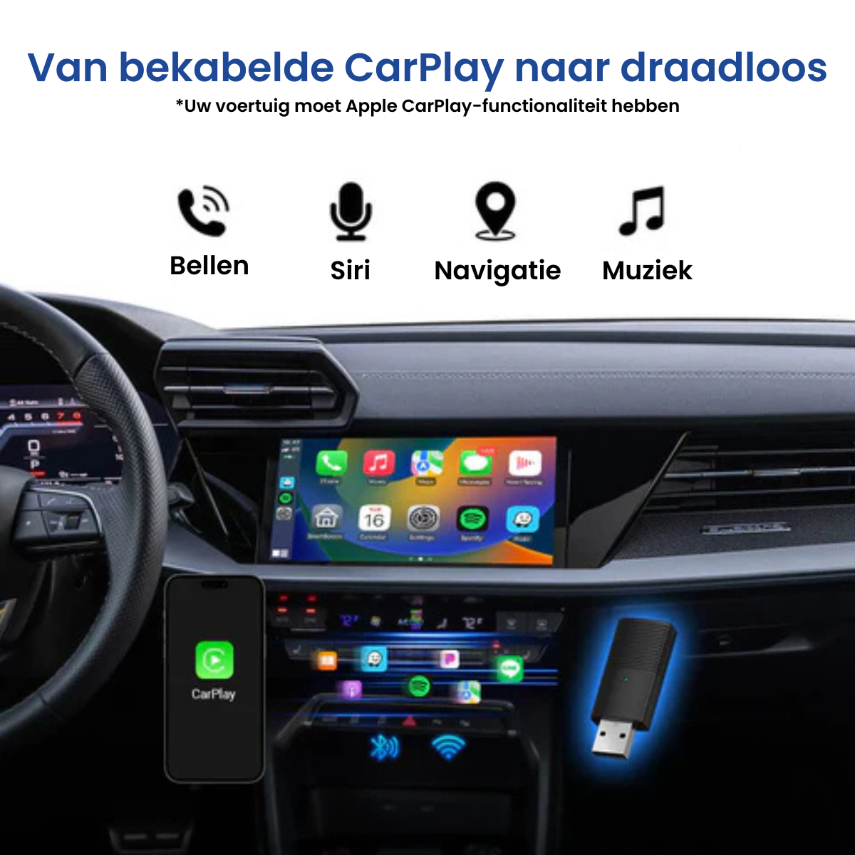 Mini Draadloze CarPlay/Android Auto Adapter